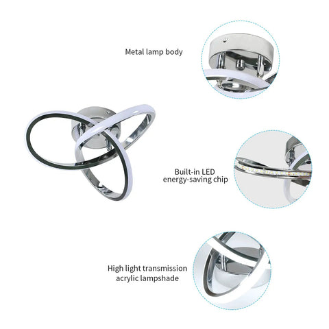 Lit Modern Ceiling Light With 6500K Cool White LED Metal Curved Design Ceiling Fixture Sleek Chrome Finish features and details
