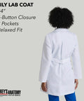Back view of woman wearing Lily White Lab Coat For Women With Natural Stretch 34 Inch 4 Pocket Scrub Coat Soil Release Fabric Finish Soft Touch Back Vent Feminine Fit Regular All Day Comfort