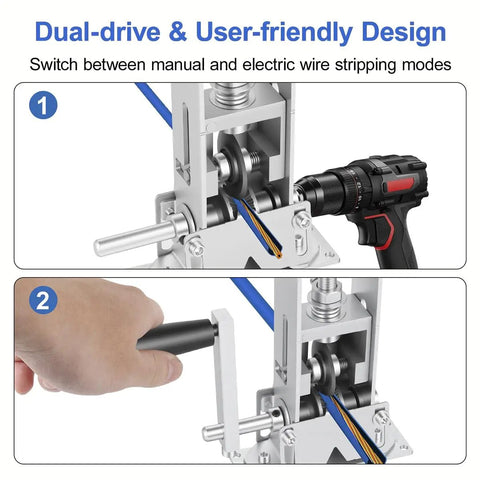 Dual Drive Wire Stripper Tool For Scrap Copper And DIY Wiring shown in drill and hand crank modes, grey color.