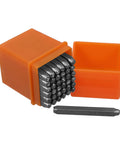 37 Piece Metal Stamping Kit With Letter And Number Punch Set Plus Heart Symbols in orange plastic box
