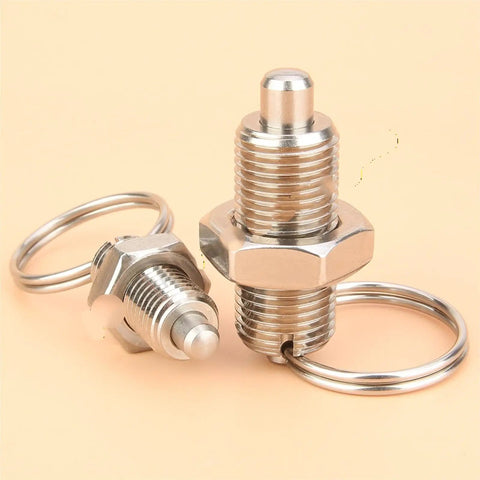Heavy Duty Stainless Steel Retractable Index Plungers With Pull Ring Locking Pins for CNC machining, sizes M8 and M10.