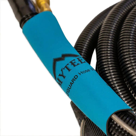 Close-up of 8501V 15 Foot Vacuum And Solution Hose Combo For Carpet Extractors, showing black coiled design with blue sleeve, easy maneuver.