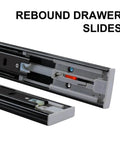 Push To Open 45mm Drawer Slides With Quiet Glide Three-Section Rail, Soft Rebound And Smooth Opening, Ten Inch Length, 25 Cm, No Jam Performance For Kitchen, Office And Workshop Drawers, showing detailed mechanism and rebound feature.