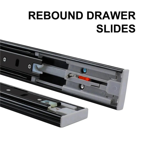 Push To Open 45mm Drawer Slides With Quiet Glide Three-Section Rail, Soft Rebound And Smooth Opening, Ten Inch Length, 25 Cm, No Jam Performance For Kitchen, Office And Workshop Drawers, showing detailed mechanism and rebound feature.