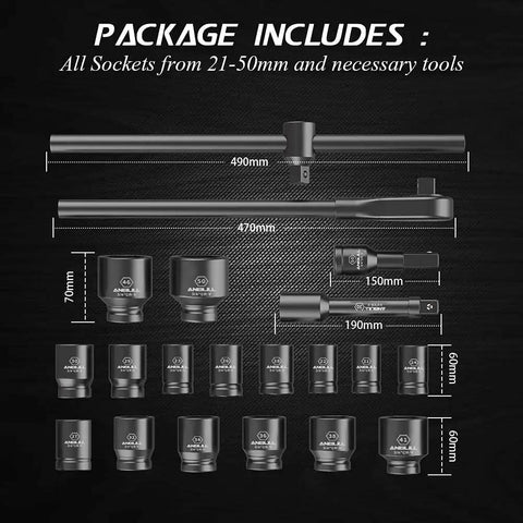 Heavy Duty Three Quarter Inch Drive Socket Set, 21 Piece Impact Ready Kit, 6 Point Sockets 21 to 50 mm, layout display.