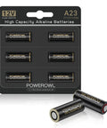 High Performance A23 Batteries 6 Pack 12V Alkaline Power For Garage Door Remote Home Security Keypads Smart Locks And Battery Toys Rock Solid Built Different displayed in packaging with two loose batteries.