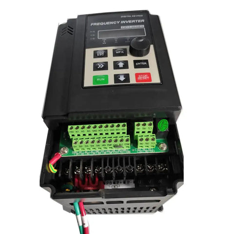 Front view of 2HP 110V Input VFD to 220V Output Motor Drive for single to three phase motors showing control panel and wiring.