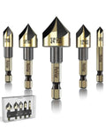 Five Piece HSS Countersink Drill Bit Set With Hex Shank For Wood And Metal, 1/4 to 3/4 inch sizes, gold and black finish
