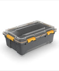 Heavy Duty IP68 Waterproof Plastic Storage Tote Featuring Tough As Nails Gasket Seal And Secure Latches Rugged Gray Bin with yellow latches.