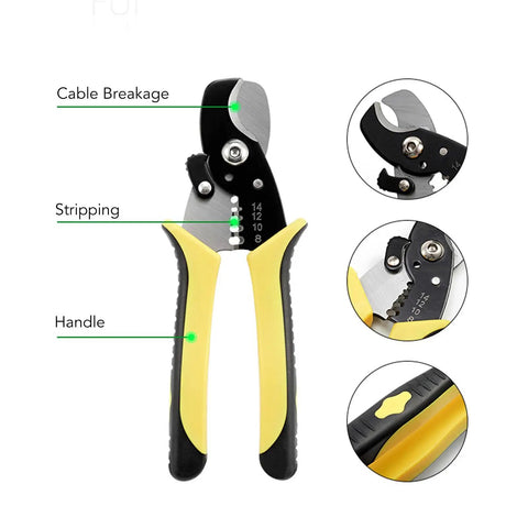 Heavy Duty Alloy Steel Wire Stripper With Slick Soft Grip Handles Precise CNC Ground Stripping Jaws showing cutting features and handle design.