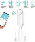 WiFi 2.4G Water Leak And Water Level Detector 2 In 1 Tuya Smart Sensor with app alerts and detection probes shown next to smartphone app.