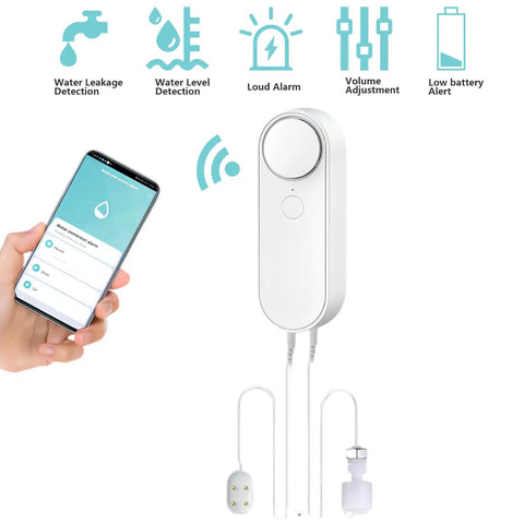 WiFi 2.4G Water Leak And Water Level Detector 2 In 1 Tuya Smart Sensor with app alerts and detection probes shown next to smartphone app.