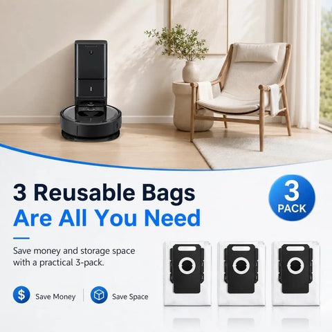 Three Pack Reusable Vacuum Bags For Roomba I Series J Series S Series Clean Base Compatible, 3-pack shown with Roomba dock