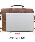 Top Tier Mens Messenger Bag Built Tough From Crazy Horse Leather And Hella Waterproof Waxed Canvas With Secure Compartments Fits 15.6 Inch Laptop from the back with measurements.