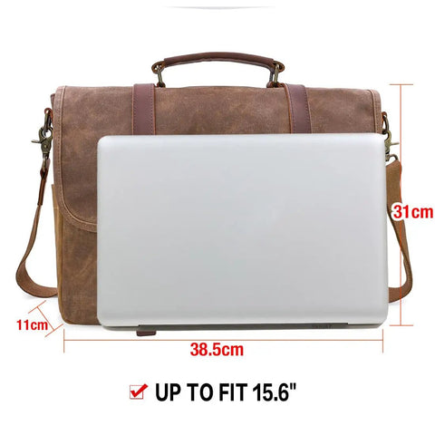 Top Tier Mens Messenger Bag Built Tough From Crazy Horse Leather And Hella Waterproof Waxed Canvas With Secure Compartments Fits 15.6 Inch Laptop from the back with measurements.