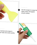 Two Pack Wall Mending Repair Cream With Scraper Quick Crack Fix For Home And Office DIY Patch Paste Easy To Use Self Adhesive Wall Hole Repair Paste To Fix Cracks And Holes Fast, shown with yellow scraper and instructions for use.
