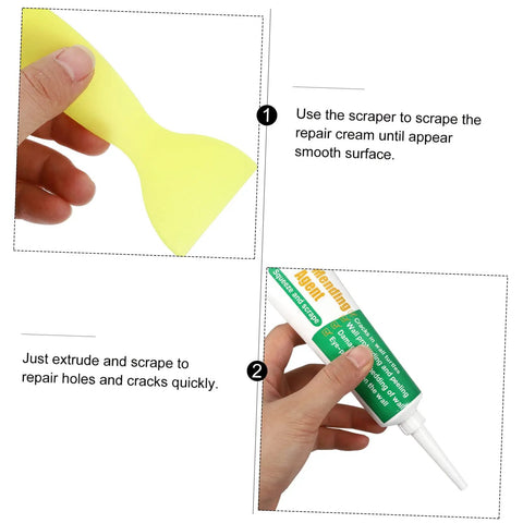 Two Pack Wall Mending Repair Cream With Scraper Quick Crack Fix For Home And Office DIY Patch Paste Easy To Use Self Adhesive Wall Hole Repair Paste To Fix Cracks And Holes Fast, shown with yellow scraper and instructions for use.