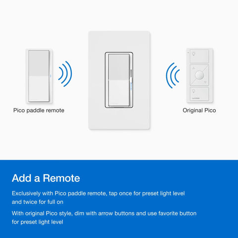 Diagram showing Caseta Smart Dimmer Switch for LED Lights 150W Single Pole or 3 Way No Neutral White 2 Pack with Pico remotes.