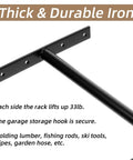 Close-up of 4 Pack Overhead Garage Storage Hooks 17 Inch Heavy Duty Ceiling Mount Hangers Double T Bar Metal Ladder Racks For Bike Pipes Lumber Fishing Rod And Sports Gear Organization Built To Last showing thick iron with screw holes.