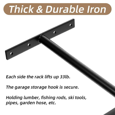 Close-up of 4 Pack Overhead Garage Storage Hooks 17 Inch Heavy Duty Ceiling Mount Hangers Double T Bar Metal Ladder Racks For Bike Pipes Lumber Fishing Rod And Sports Gear Organization Built To Last showing thick iron with screw holes.