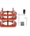 Heavy Duty Metal Router Lift Base Kit With Four Jaw Clamp And Smooth Crank Handle For Woodworking Tables with steel shafts and orange finish.