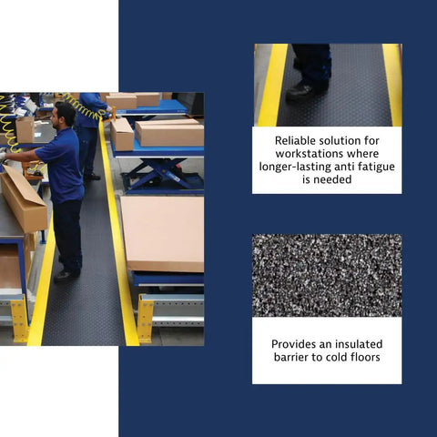 Bubble Textured Anti Fatigue Mat With Dyna Shield For Industrial And Commercial Workspaces Three Foot By Six Foot By One Half Inch Slip Resistant Cushioning Tough As Nails Black And Yellow Mat For Standing Long Shifts used in a shipping area.