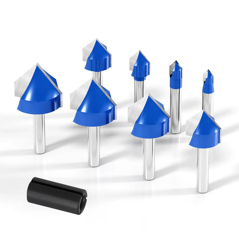 Top Notch V Groove Router Bit Set Made From Solid Carbide With Double Flutes And A Quarter Inch Shank for precision CNC engraving.