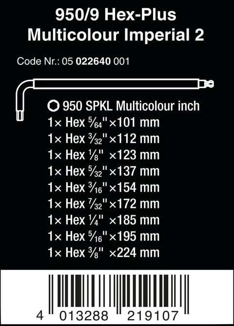 Hex-Plus 9-Piece Multicolor Imperial 2 L-Key Set With Wear-Resistant Markings And Clip BlackLaser Finish size chart and barcode