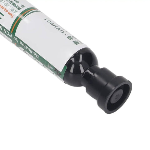 Close-up of Milky White 2 Pack Curing Solder Mask Ink tube for PCB BGA Repair showing nozzle and label design