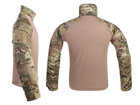 Built Tough Multicam Combat Pants With Padded Knees And Ten Spacious Tactical Pockets Breathable Cotton Polyester Blend Bdu Rig For Paintball Wargames And Backyard Shooters - Tactical shirt view from front and back.