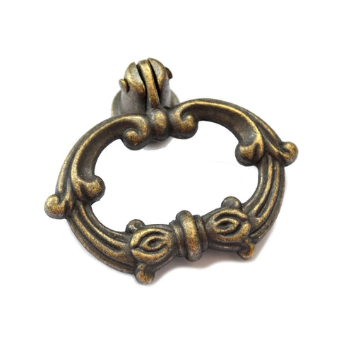 Antique bronze drawer ring pull from set of 8 with screws, single hole vintage style handle for furniture, 2 inch length, 1.75 inch height.