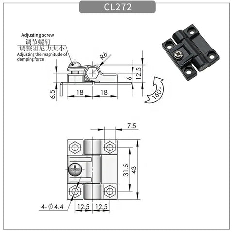 Slick Black Adjustable Damping Small Cabinet Door Hinge For No Fuss Install And Smooth Quiet Close Crafted From Top Quality Abs Nylon Plastic Single Piece with detailed dimensions.