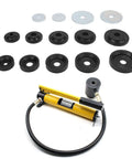 Pro Grade Built To Last Heavy Duty Dimple Die Set for sheet metal with flared hole dies and steel backing plates, compatible with Harbor hydraulic punch driver kit.