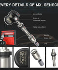 MX Sensor 2in1 Dual Frequency Tire Pressure Sensor 315MHz 433MHz Pack Of 20 With 100% Sensor ID Cloning, Relearn-Free Replacement For TPMS, Plug-And-Play Install. Exploded view of press-in sensor with metal valve stem, washer, screw-nut and cap