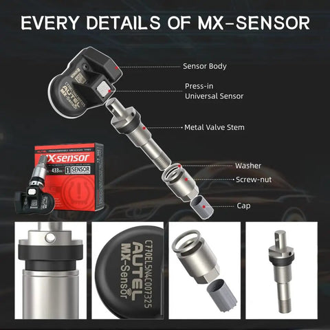 MX Sensor 2in1 Dual Frequency Tire Pressure Sensor 315MHz 433MHz Pack Of 20 With 100% Sensor ID Cloning, Relearn-Free Replacement For TPMS, Plug-And-Play Install. Exploded view of press-in sensor with metal valve stem, washer, screw-nut and cap