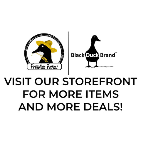Logos of Freedom Farms and Black Duck Brand with text urging to visit storefront for more items and deals.