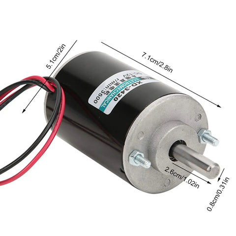 Heavy Duty 30W DC Motor High Torque Permanent Magnet XD 3420 12V And 24V Dual Voltage with wires and dimensions shown.