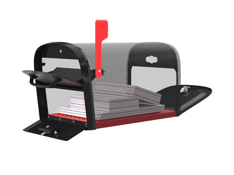 Oasis 360 Locking Parcel Mailbox With Two Access Doors, X Large Rubbed Bronze Finish, open showing mail inside.