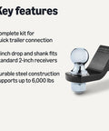Trailer Hitch Ball Mount With 2 Inch Ball And Pin Fits 2 Inch Receiver 2 Inch Drop 6000 Lbs Capacity All Welded Steel Tow Kit and features