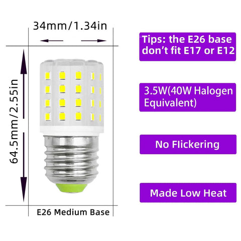 Led Fridge Light Bulb 100-265V AC 3.5W Equivalent 40W Halogen 6000K Daylight White E26 Medium Base dimensions shown