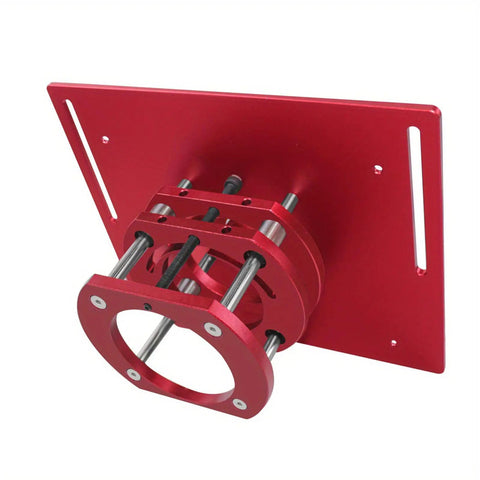 Aluminum Router Table Lift Kit With Knucklehead Proof Calibration And Reinforced Insert Plate Base showing red bracket and adjustments.