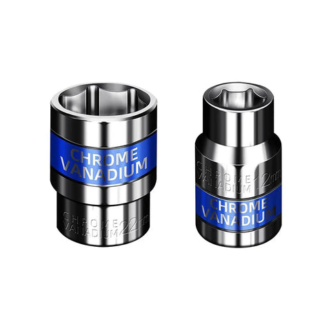 8 Piece Hex Socket Wrench Bit Set With No Slip Grip And Slick Chrome Finish Heavy Duty Precision Drive Bits close-up view of chrome vanadium socket bits.