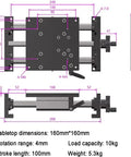 Smooth As Butter Precision Manual Linear Stage Actuator With 100mm Stroke Sliding Table dimensions and specifications diagram.