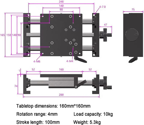 Smooth As Butter Precision Manual Linear Stage Actuator With 100mm Stroke Sliding Table dimensions and specifications diagram.