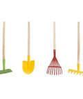 Kids Gardening Tool Set With Wood Handles 4 Piece Mini Garden Tools for Little Helpers shown standing upright