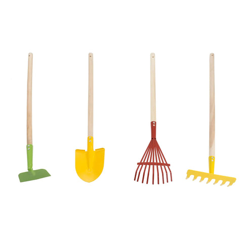 Kids Gardening Tool Set With Wood Handles 4 Piece Mini Garden Tools for Little Helpers shown standing upright