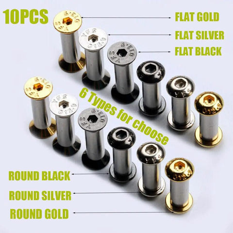 Ten Pack Knife Handle Bolts Rivets M4 Screws Nuts Kit For Knife Making, showing 10 mixed flat and round 416 steel and brass fasteners.