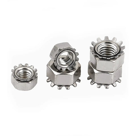 Size Six By Thirty Two Keps Nuts With External Tooth Washer For Quick Locking in 304 Stainless Steel shown stacked and arranged
