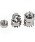 Kickass Number 6-32 Keps Nuts With External Tooth Washer 50 Count 304 Stainless Steel fasteners stacked in various sizes.