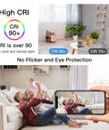 Room with high CRI lighting, showing vivid colors. Person holding phone displaying clear image, no flicker, eye protection emphasized.